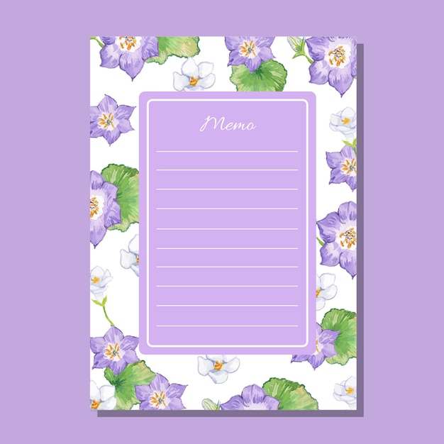 Vector watercolor purple gentia line note memo template