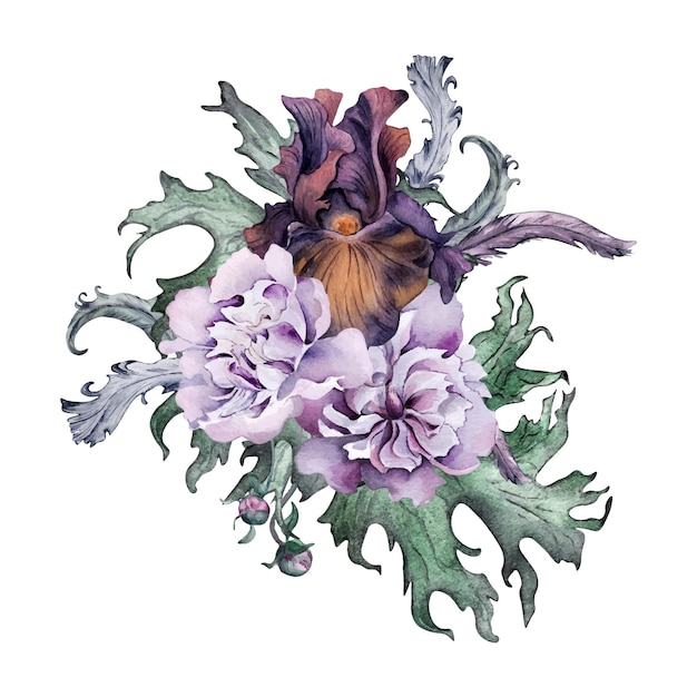 watercolor purple iris peony and leaves isolated on white gothic floral illustration feathers