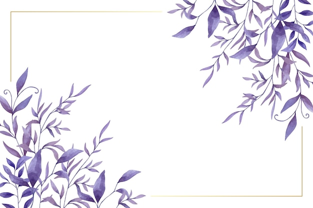 Watercolor purple leaves background with golden border