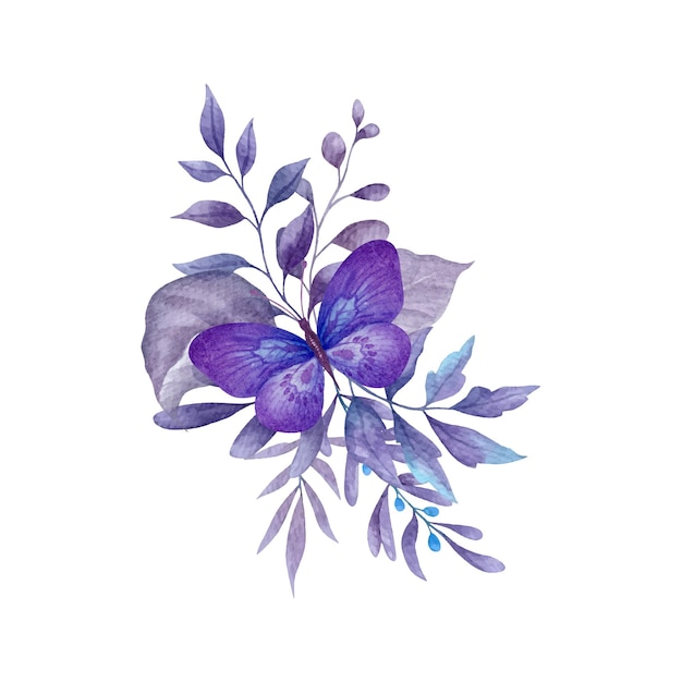 Watercolor purple leaves with butterfly decoration