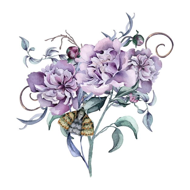 Акварель фиолетово-розовый букет цветов пиона, изолированный на белом готическом цветочном ботаническом бутоне Иллюстрация, нарисованная вручную Готическая темная свадебная декорация в винтажном стиле Элемент для фона приглашения