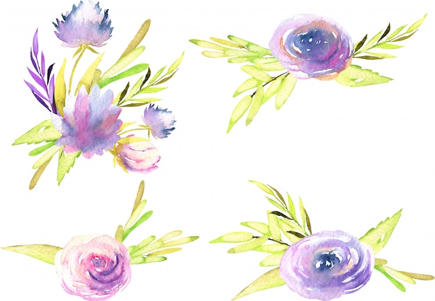 Watercolor purple and pink peonies, roses and asters bouquets