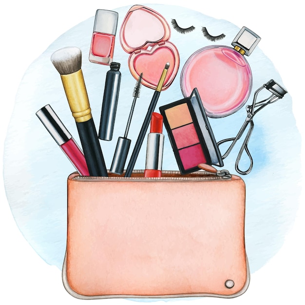 Vector watercolor purse full of makeup tools