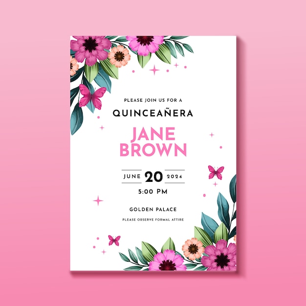 Vector watercolor quinceanera invitation template