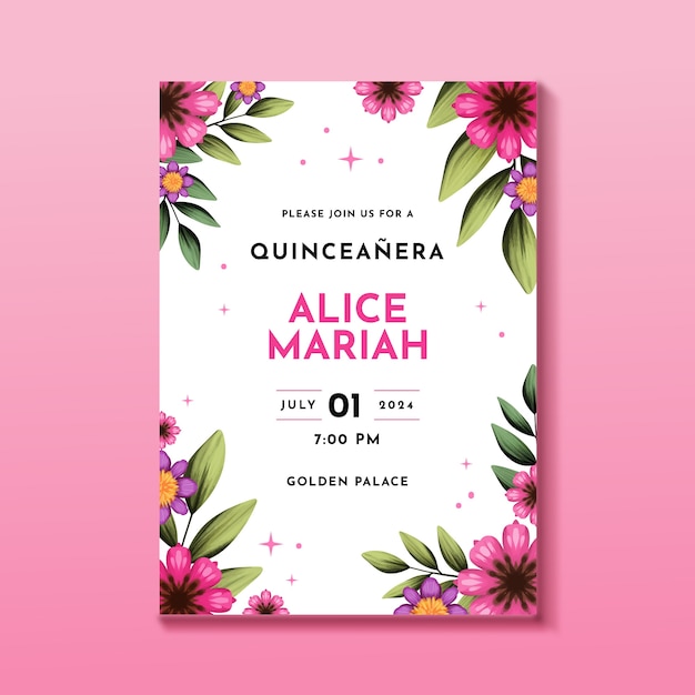 Шаблон приглашения акварель quinceanera