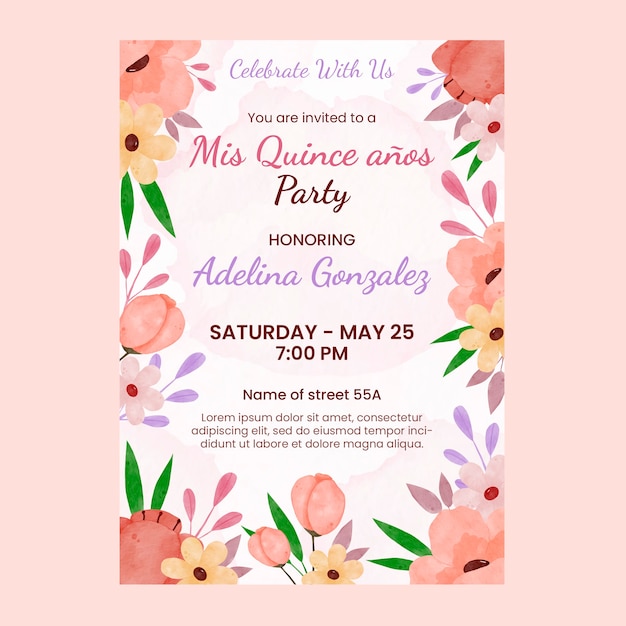 Vector watercolor quinceanera poster template