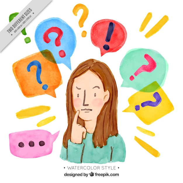 Watercolor quiz background with question marks and pensive woman