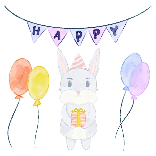 Vettore coniglio ad acquerello - festa di compleanno