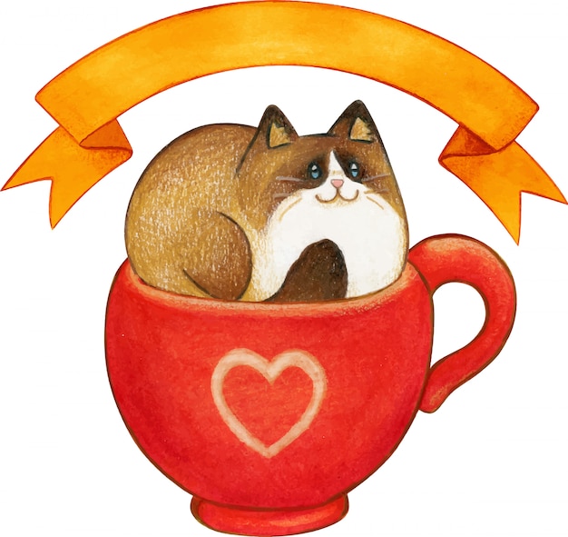 Watercolor ragdoll cat in a red cup with ribbon