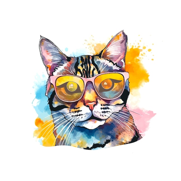 Watercolor rainbow cat in sunglasses and a hat Vector fashion illustration