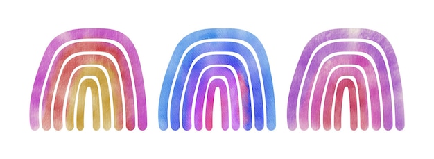 A watercolor rainbow with blue and pink colors is on a white background