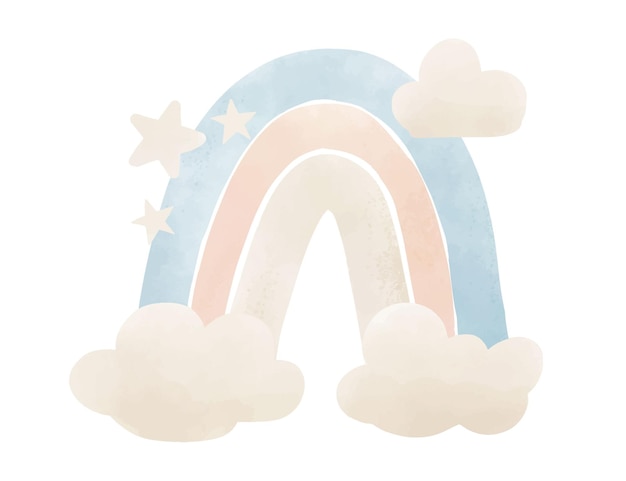 Vettore arcobaleno ad acquerello con nuvole e stelle in stile doodle illustrazione carina vettoriale disegnata a mano per tessuti per bambini colori pastello tenui