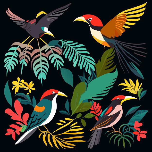 ベクトル 水彩の熱帯雨林の鳥のコレクション