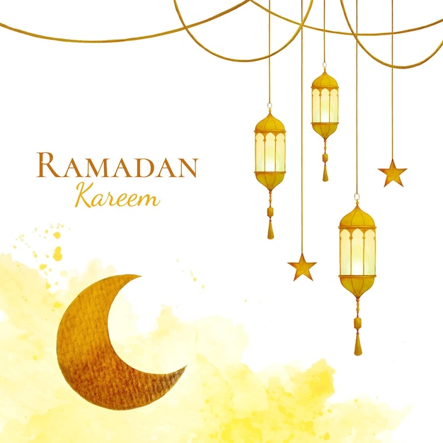 Watercolor ramadan kareem design for ramadan greetings card with lanterns and hanging crescent moon