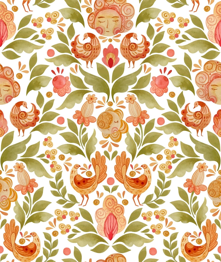 Vector watercolor rapport of birds, leaves, flowers, sun in folklore style.
