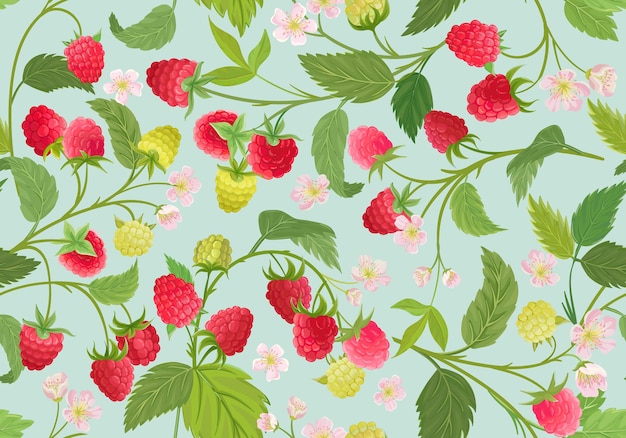 水彩ラズベリーのシームレスなパターン。夏のベリー、果物、葉、花の背景。春のカバー、熱帯の壁紙のテクスチャ、背景、結婚式の招待状のベクトル図