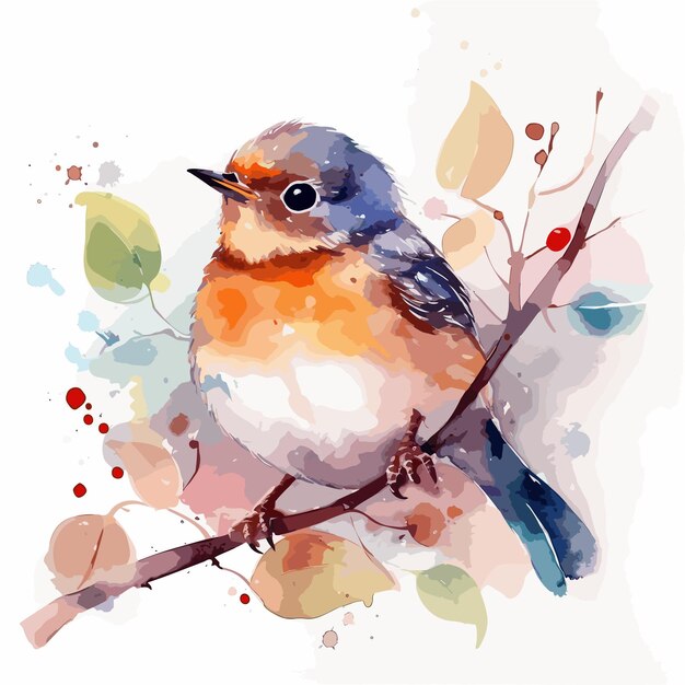 Vector watercolor realistic bird on a branch background super cute animal