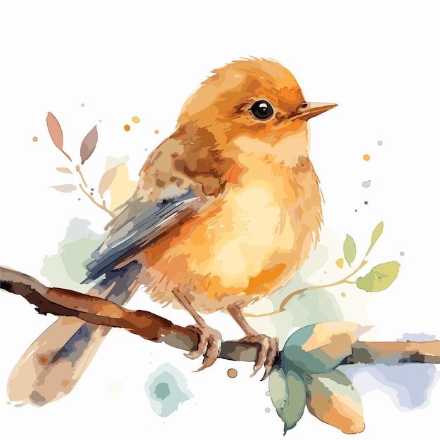 watercolor realistic bird on a branch background Super cute animal