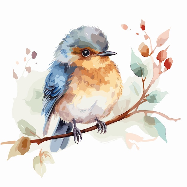 Vector watercolor realistic bird on a branch background super cute animal