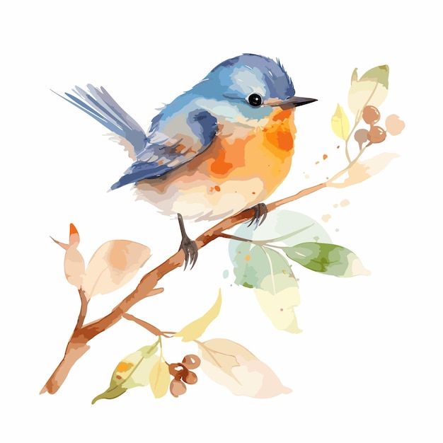 watercolor realistic bird on a branch background Super cute animal