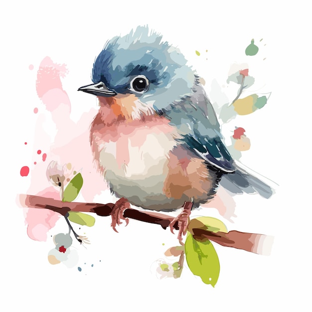 Watercolor realistic bird on a branch background super cute animal