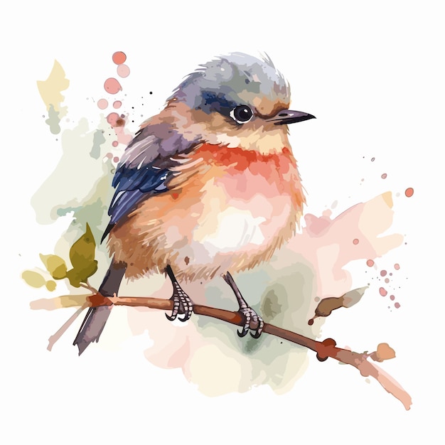 Vector watercolor realistic bird on a branch background super cute animal