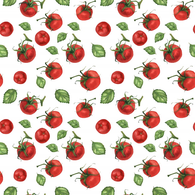 Vector watercolor realistic food pattern with tomatoes and basil