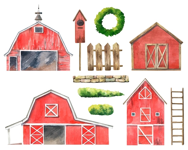 Vector watercolor red barn