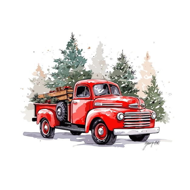 Watercolor red christmas vintage truck with trees and gifts delivery truck background