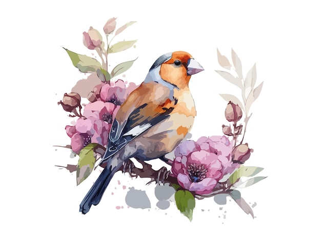 수채화 레드 크로스빌 새 참새 벡터 손으로 그린 나뭇잎과 꽃으로 장식된 그림