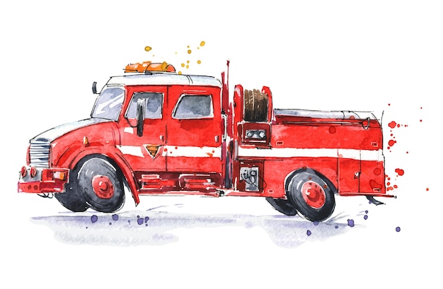 Vector watercolor red fire truck on call hand painted illustration