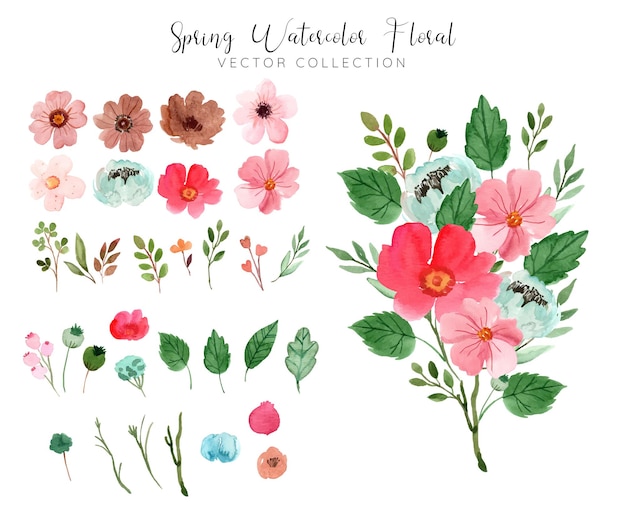 Watercolor red floral bouquet collection for spring