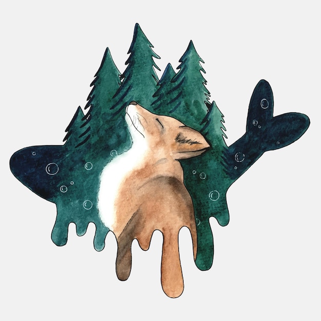 Watercolor red fox with forest background illustration