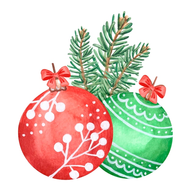 Watercolor red and green christmas balls with fir branches. watercolor christmas season composition