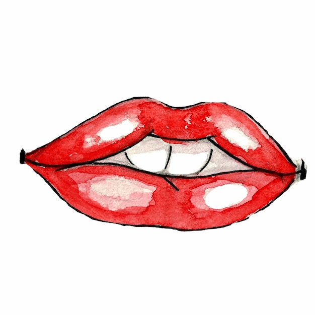 수채화 붉은 입술. 손으로 그린 벡터 패션 일러스트입니다. 키스 입술.