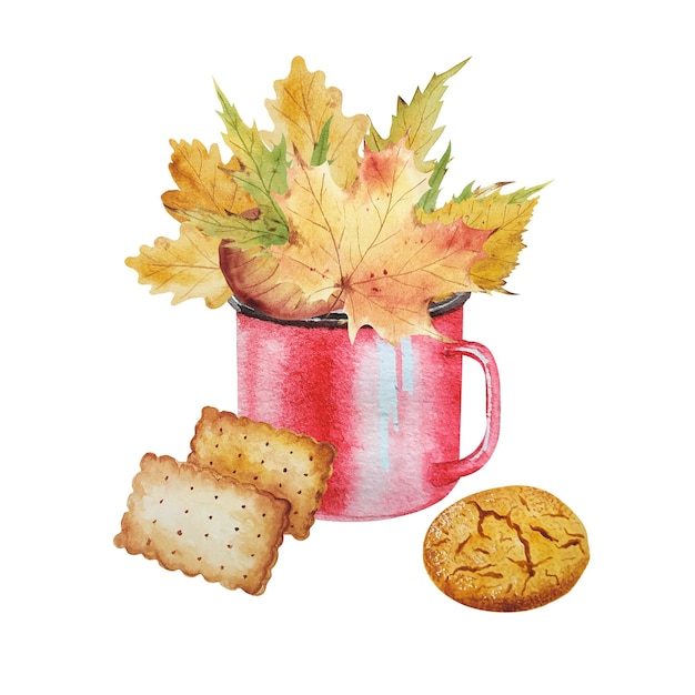 Watercolor red mug with autumn leaves and cookies