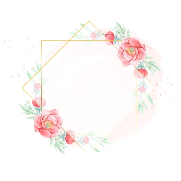 Watercolor red peony flower with geometric golden frame on watercolor background