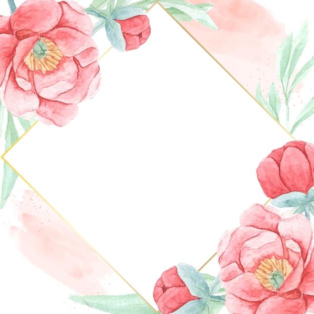 Watercolor red peony with golden frame square