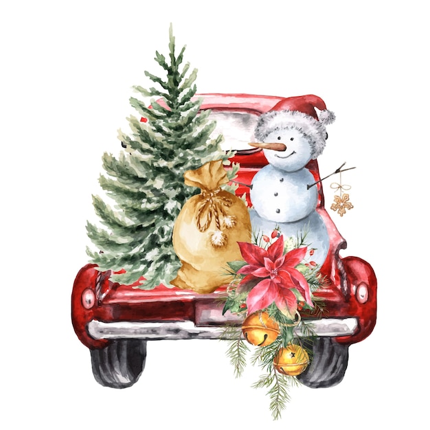 Vector watercolor red pickup truck with christmas tree and