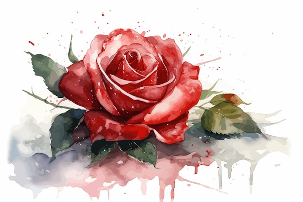 Watercolor red rose with water drops handpainted vector art painting illustration