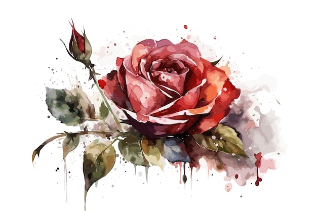 Watercolor red rose with water drops handpainted vector art painting illustration