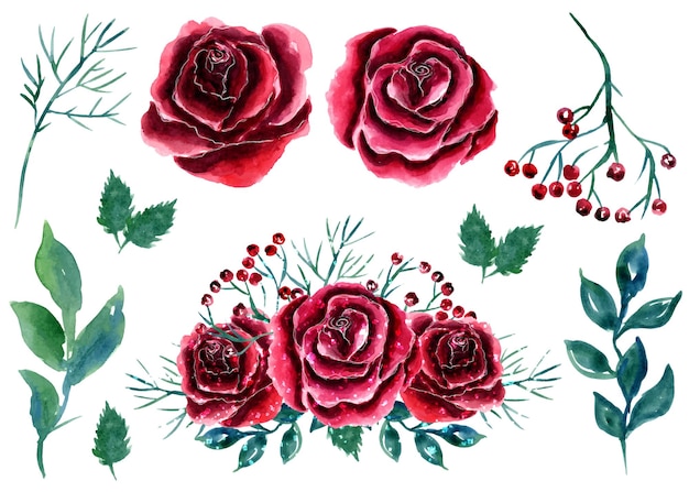 Watercolor red roses clipart flowers illustration bundle