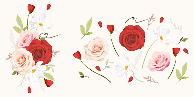 Collezione di rose rosse dell'acquerello