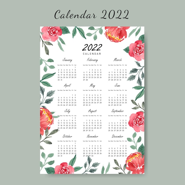 Modello di disegno del calendario da parete con fiori e rose rosse dell'acquerello 2022