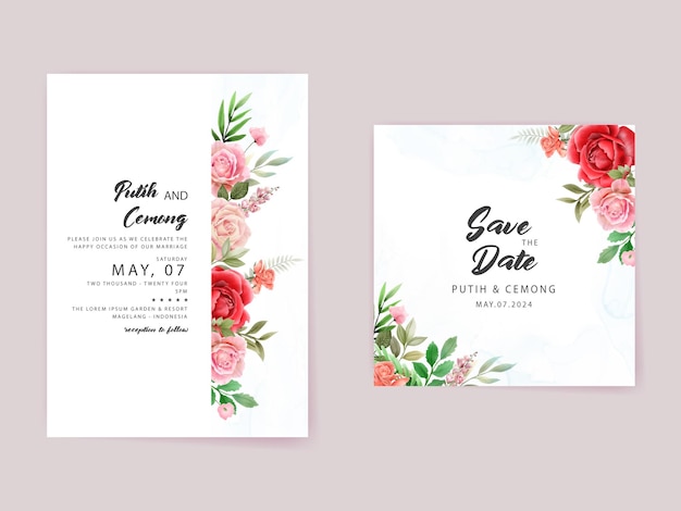 watercolor red roses wedding invitation card template
