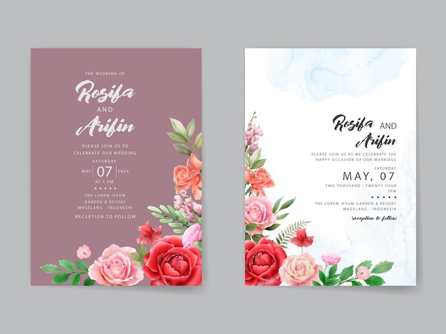 watercolor red roses wedding invitation card template