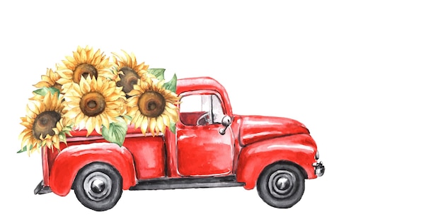 Vector watercolor red truck with autumn sunflowers.