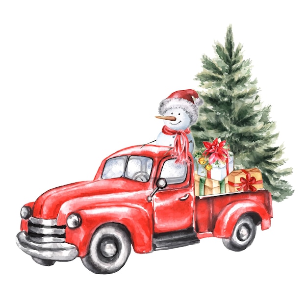 Camion rosso dell'acquerello con albero di natale e pupazzo di neve
