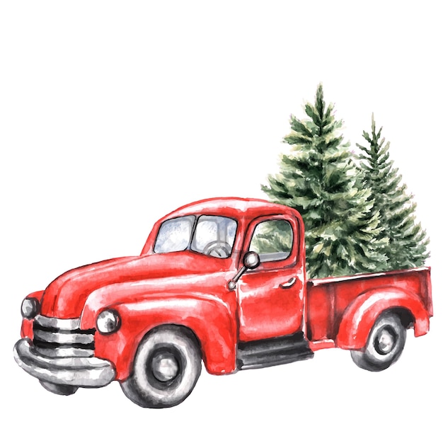 Watercolor red truck with christmas trees