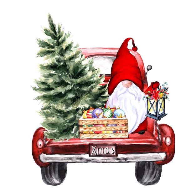 Vector watercolor red truck with cute christmas gnome